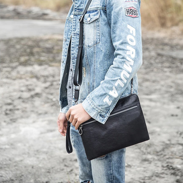 Black Cool Leather Mens Wristlet Bag Clutch Black Slim Messenger Bag Side Bag for Men - iwalletsmen