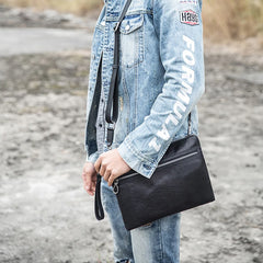 Black Cool Leather Mens Wristlet Bag Clutch Black Slim Messenger Bag Side Bag for Men - iwalletsmen