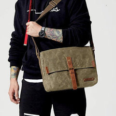 Fashion Waxed Canvas Leather Mens Army Green Side Bags Messenger Bags Khaki Casual Canvas Courier Bag for Men - iwalletsmen