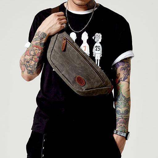 Blue Waxed Canvas Leather Fanny Pack Men's Chest Bag Sling Hip Bag Waist Bag For Men - iwalletsmen