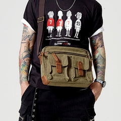 Fashion Canvas Leather Mens Khaki Side Bag Messenger Bags Army Green Canvas Courier Bag for Men - iwalletsmen