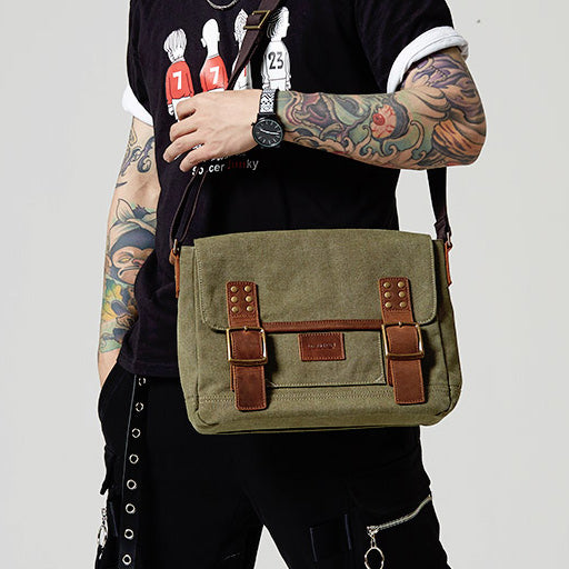 Black Canvas Leather Mens Side Bag Messenger Bags Army Green Canvas Courier Bag for Men - iwalletsmen