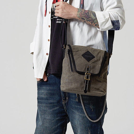Vertical Waxed Canvas Leather Mens Gray Side Bag Messenger Bags Blue Waxed Canvas Courier Bag for Men - iwalletsmen