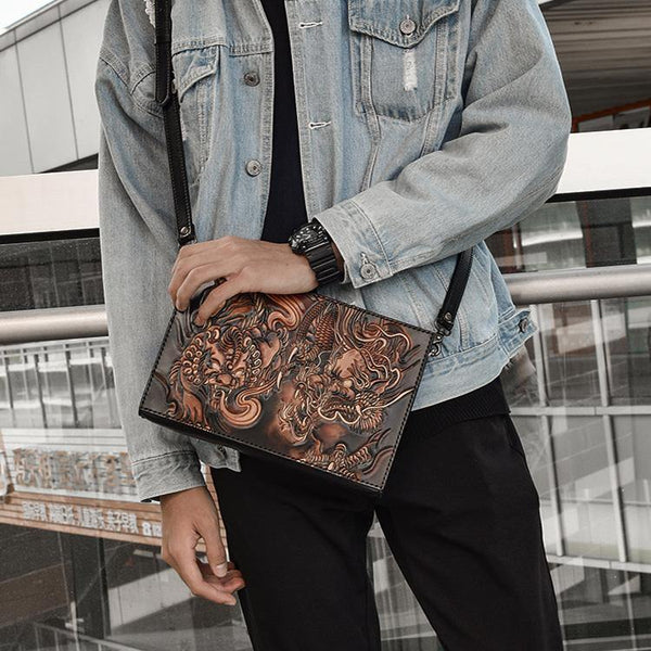Handmade Black Tooled Lion Dragon Leather Messenger Bags Side Bag Clutch Wristlet Bag For Men - iwalletsmen