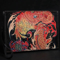 Black Handmade Tooled Leather Carp Toad Clutch Wallet Wristlet Bag Clutch Purse For Men - iwalletsmen