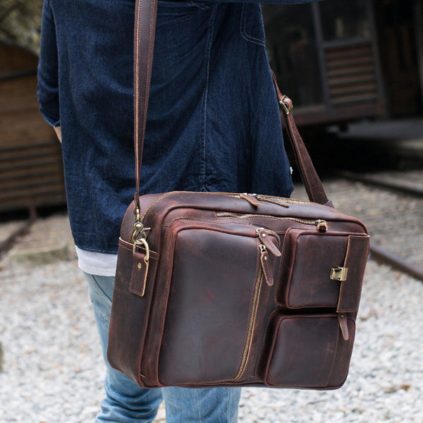 Large Brown Leather Mens Briefcase 15inch Laptop Backpack Work Bag Travel Bag For Men - iwalletsmen