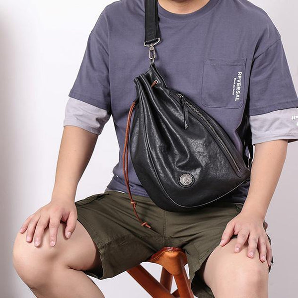 Cool Black Leather Men's Sling Pack Chest Bag One shoulder Backpack Crossbody Pack For Men - iwalletsmen