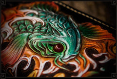 Handmade Leather Tooled Carp Mens Chain Biker Wallet Cool Leather Wallet Long Phone Wallets for Men