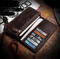 Coffee Leather Mens Bifold Long Biker Wallets Biker Chain Wallet Long Trucker Wallet for Men - iwalletsmen