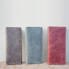Handmade Slim Checkbook Wallet Khaki Leather Mens Bifold Long Wallet Lots Cards Long Wallet for Men - iwalletsmen