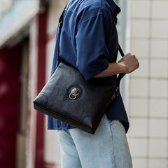 Black Cool Leather Mens 10 inches Vertical Courier Bag Postman Bag Black Cross Messenger Bags Side Bag for Men - iwalletsmen