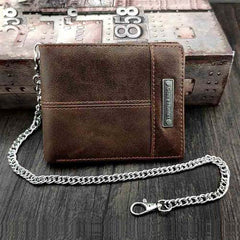 Badass Brown Leather Men's Bifold Small Biker Wallets Chain Wallet Brown Wallet with chain For Men - iwalletsmen