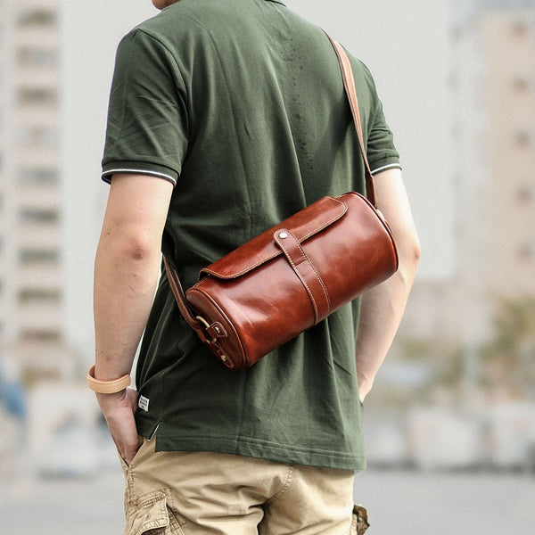 Brown Leather Mens Casual Bucket Shoulder Bag Barrel Messenger Bags Postman Bag For Men - iwalletsmen