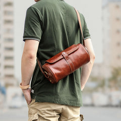 Brown Leather Mens Casual Bucket Shoulder Bag Barrel Messenger Bags Postman Bag For Men - iwalletsmen