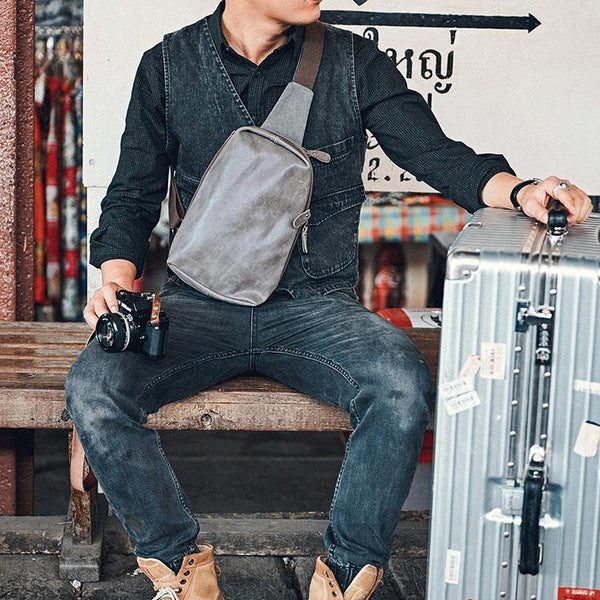 Canvas Leather Mens Gray Sling Backpacks Brown Chest Bag Sling Pack Sling Bag For Men - iwalletsmen