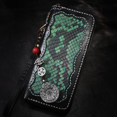 Handmade Leather Python Skin Mens Chain Biker Wallet Cool Leather Wallet Long Phone Wallets for Men