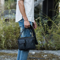 Black Cool Small Leather Mens Messenger Bags Shoulder Bags for Men - iwalletsmen