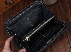 Handmade Leather Mens Clutch Wallet Tooled Cool Carp Wallet Long Zipper Wallets for Men