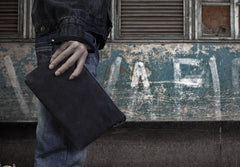 Handmade Leather Mens Clutch Cool Slim Wallet Zipper Clutch Wristlet Wallet for Men