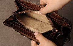 Genuine Leather Mens Cool Long Leather Wallet Cards Phone Zipper Clutch Wristlet Wallet for Men
