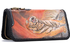 Handmade Leather Tooled Chinese Dragon Tiger Mens Chain Biker Wallet Cool Leather Wallet Long Clutch Wallets for Men