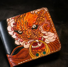 Handmade Leather Chinese Lion Tooled Mens billfold Wallet Cool Leather Wallet Slim Wallet for Men