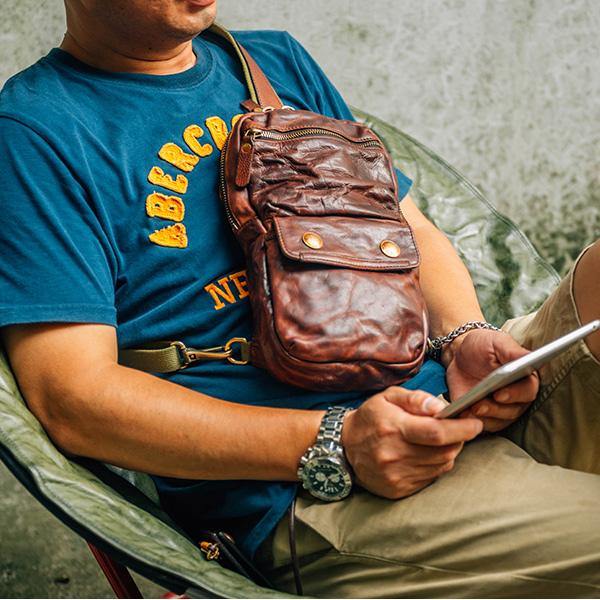 Fashion Black Leather Men Sling Bag Chest Bag Army Green Leather Sling Pack One Shoulder Backpack For Men - iwalletsmen