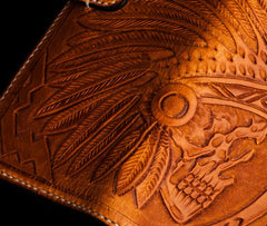 Handmade Leather Skull Indian Chief Tooled Mens billfold Wallet Cool Chain Wallet Biker Wallet for Men