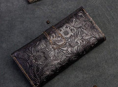 Handmade Leather Floral Mens Cool Travel Long Wallet Card Holder Card Slim Clutch Wallets for Men