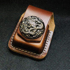 Black Handmade Leather Mens Cap Fish Zippo Lighter Holders Lighter Case For Men - iwalletsmen