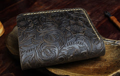 Handmade Leather Floral Mens Cool Slim Leather Wallet Men billfold Wallets Bifold for Men