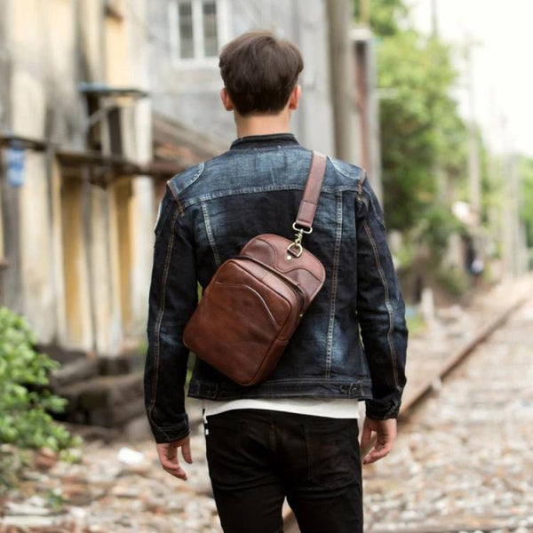 Casual Brown Leather Mens Sling Pack Sling Bags Chest Bags Brown One Shoulder Backpack for Men - iwalletsmen