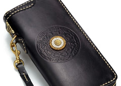 Handmade Leather Mens Chain Biker Wallet Tibetan Cool Leather Wallet Long Phone Wallets for Men