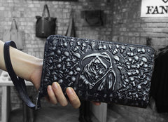 Handmade Leather Mens Tooled Skull Death Cool Zipper Phone Travel Long Wallet Card Holder Card Slim Clutch Wallets for Men
