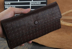 Genuine Leather Mens Cool Long Leather Wallet Zipper Clutch Wristlet Wallet for Men