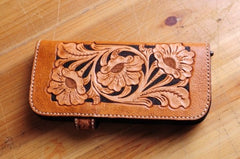 Handmade Tooled Floral Mens Leather Long Biker Wallet Cool Long Chain Wallet for Men - iwalletsmen