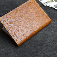 Handmade Leather Floral Mens Cool billfold Wallet Passport Card Holder Small Card Slim Wallets for Men