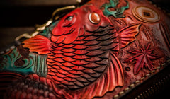 Handmade Leather Tooled Carp Mens Chain Biker Wallet Cool Leather Wallet Long Phone Wallets for Men