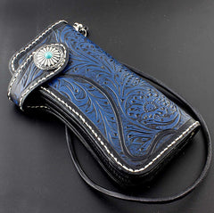 Tooled Handmade Blue Leather Men's Chain Wallet Motorcycle Wallet Long Wallet with Chain For Men - iwalletsmen