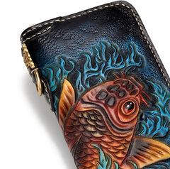 Handmade Leather Carp Mens Chain Biker Wallet Cool Leather Wallet Long Phone Wallets for Men