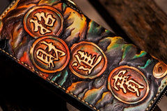 Handmade Leather Mens Tooled Monster Chain Biker Wallet Cool Leather Wallet Long Clutch Wallets for Men