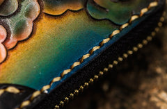 Handmade Leather Tooled White Jambhala Mens Chain Biker Wallet Cool Leather Wallet Zipper Long Phone Wallets for Men