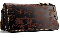 Handmade Leather Mens Chain Chinese Handwriting Biker Wallet Cool Leather Wallet Long Phone Wallets for Men