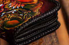 Handmade Leather Chinese Lion Mens Chain Biker Wallet Cool Leather Wallet With Chain Wallets for Men
