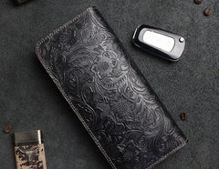Handmade Leather Floral Mens Cool Travel Long Wallet Card Holder Card Slim Clutch Wallets for Men