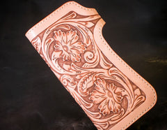 Handmade Mens Cool Tooled Boa Skin Floral Leather Chain Wallet Biker Trucker Wallet with Chain