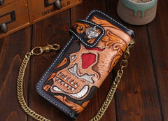 Handmade Leather Skull Mens Chain Biker Wallet Cool Leather Wallet Long Tooled Wallets for Men