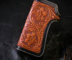 Handmade Mens Cool Tooled Boa Skin Floral Leather Chain Wallet Biker Trucker Wallet with Chain