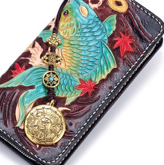 Handmade Leather Carp Mens Chain Biker Wallet Cool Leather Wallet Long Phone Wallets for Men