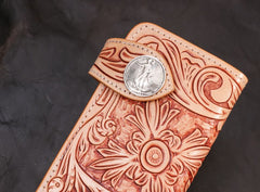 Handmade Mens Cool Tooled Floral Leather Chain Wallet Biker Trucker Wallet with Chain - iwalletsmen